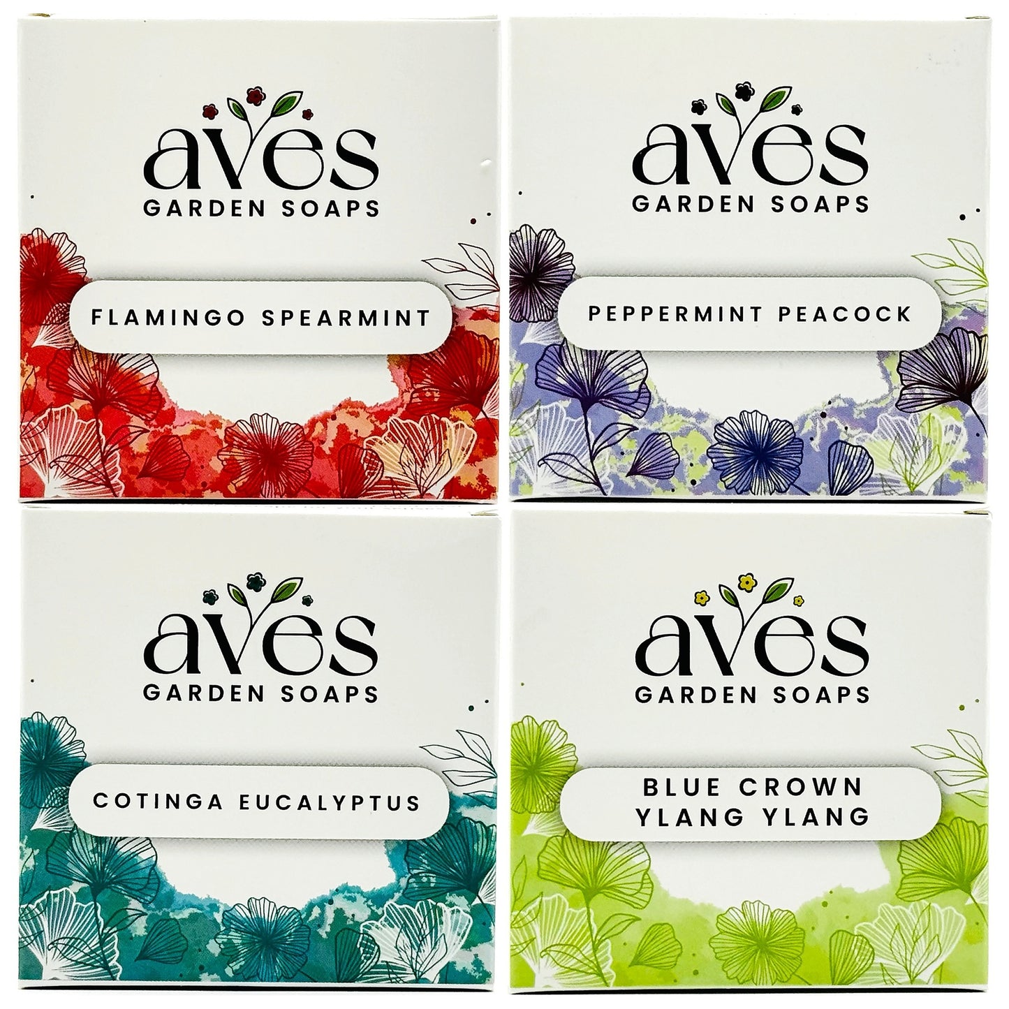Exotics 4-Pack Handmade Bar Soap Gift Set Flamingo Spearmint, Peppermint Peacock, Cotinga Eucalyptus and Blue Crown Ylang Ylang