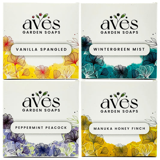 Sweet & Cool 4-Pack Handmade Bar Soap Gift Set — Vanilla Spangled, Wintergreen Mist, Peppermint Peacock, and Manuka Honey Finch